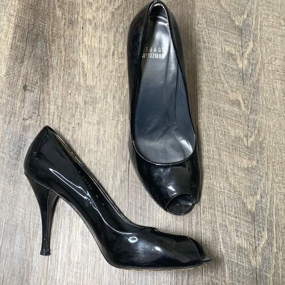 Stuart Weizman Patent Leather Peep Toe Pumps Black - Picture 1 of 8